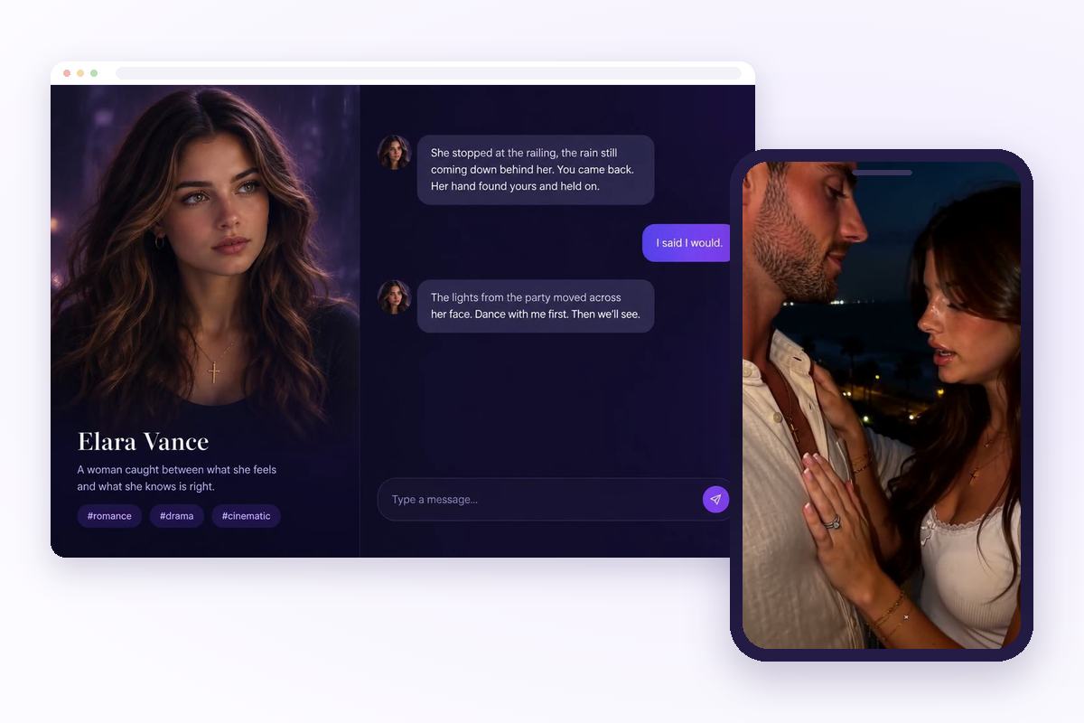 A browser window showing a roleplay chat, and in front of it a phone playing the clip generated from it